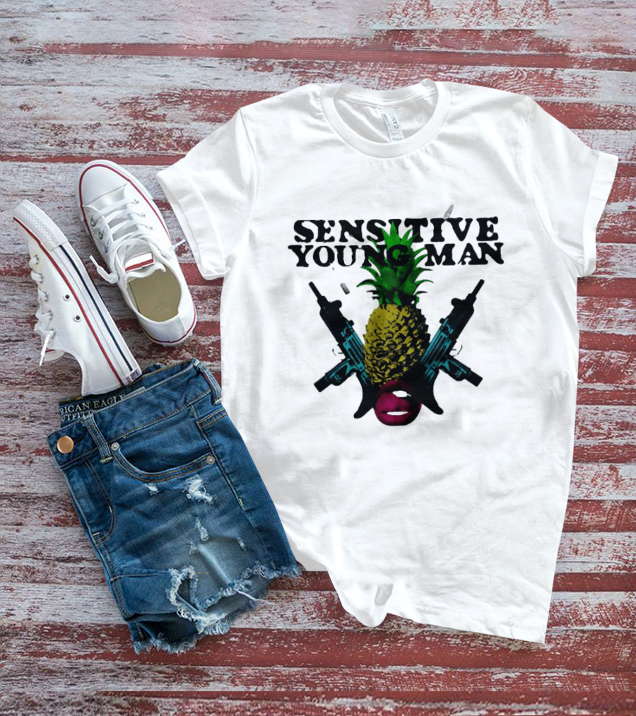 Sensitive Young Man Pineapple With Guns And Lips T-Shirt