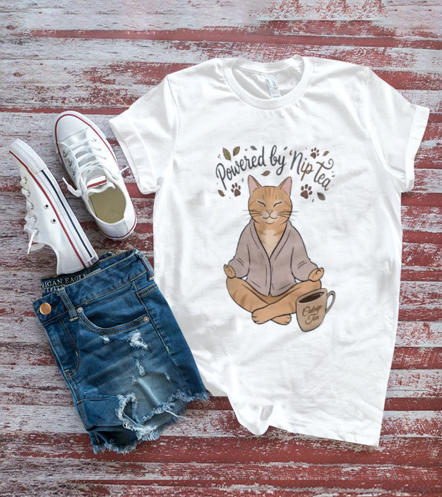 Powered By Nip Tea Catnip Tea Meditating Cat With Paw Prints T-Shirt