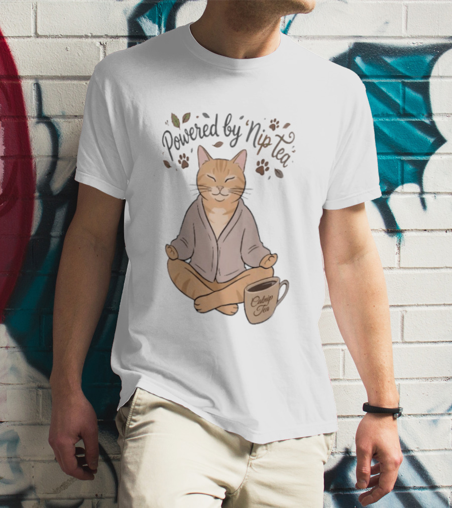 Powered By Nip Tea Catnip Tea Meditating Cat With Paw Prints T-Shirt