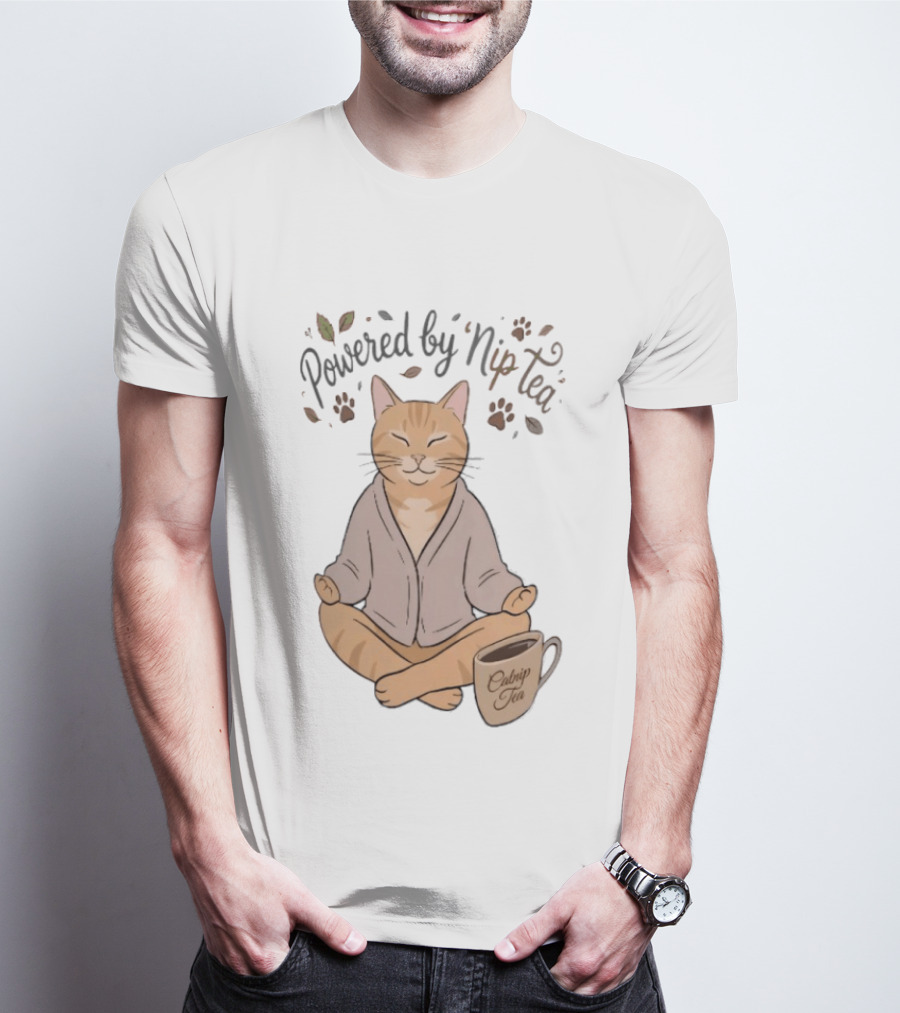 Powered By Nip Tea Catnip Tea Meditating Cat With Paw Prints T-Shirt