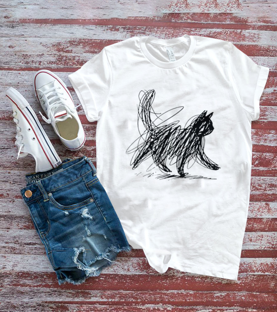 Minimalist Cat Scribble Sketch T-Shirt