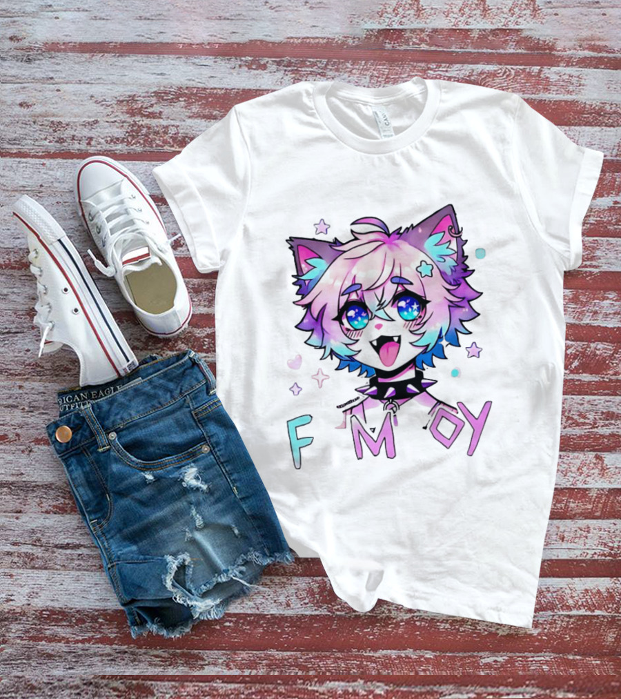 Femboy Cat Boy Anime Spike Collar Starry Eyes Pastel Ears T-Shirt