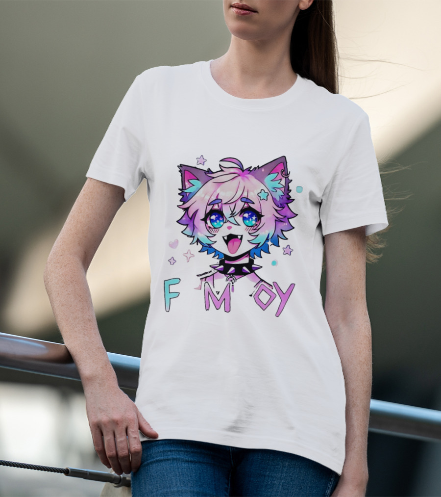 Femboy Cat Boy Anime Spike Collar Starry Eyes Pastel Ears T-Shirt