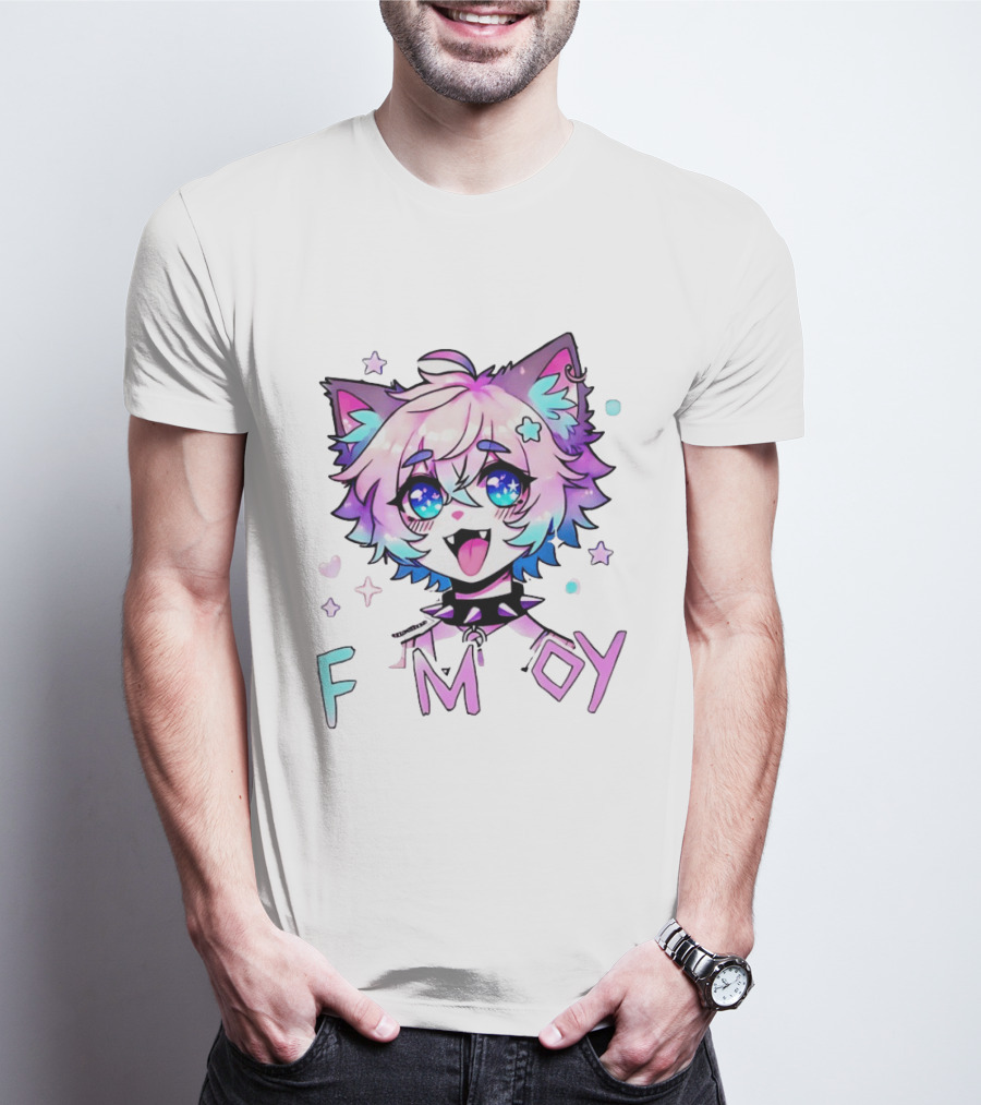 Femboy Cat Boy Anime Spike Collar Starry Eyes Pastel Ears T-Shirt
