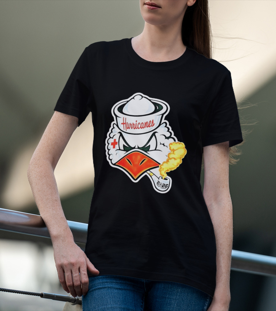 Miami Hurricanes Sebastian Mascot 2026 Pipe Gold Smoke T-Shirt