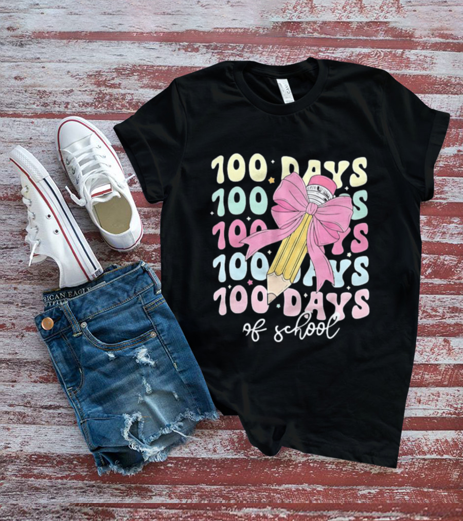 100 Days Of School Pink Bow Pencil Celebration T-Shirt