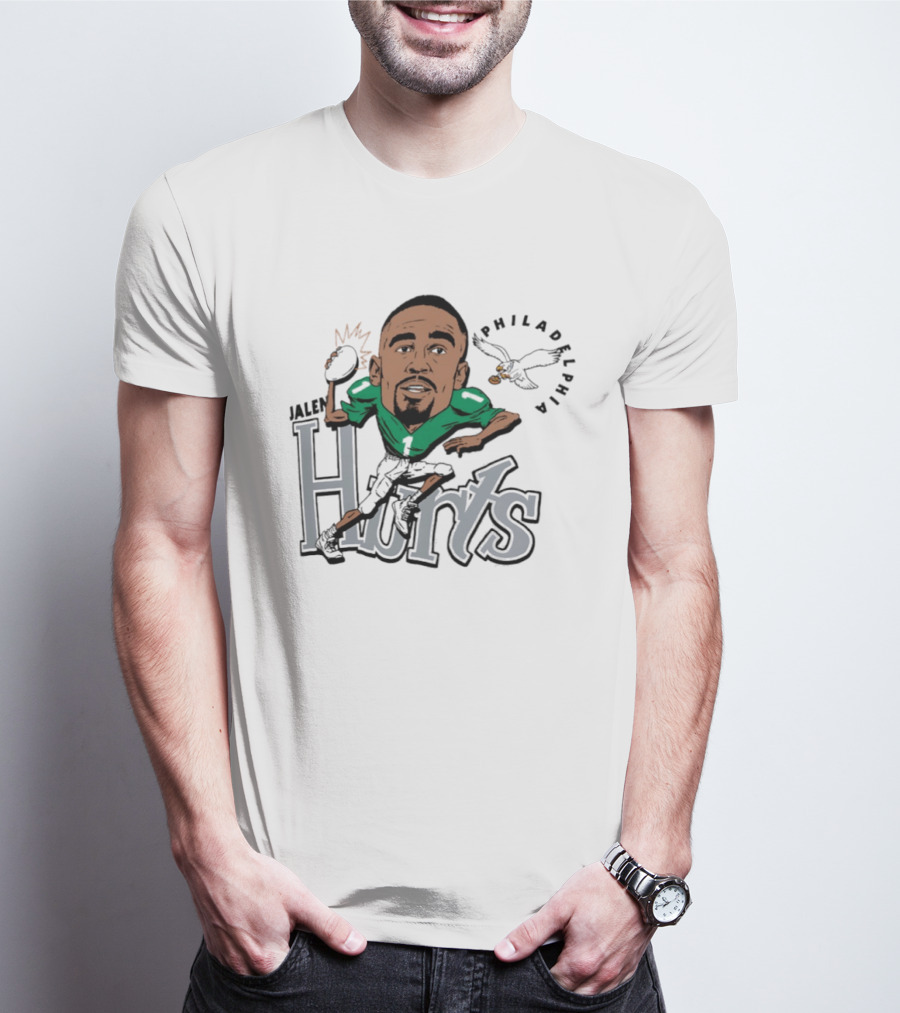 Jalen Hurts Philadelphia Eagles Football Caricature Running Action T-Shirt