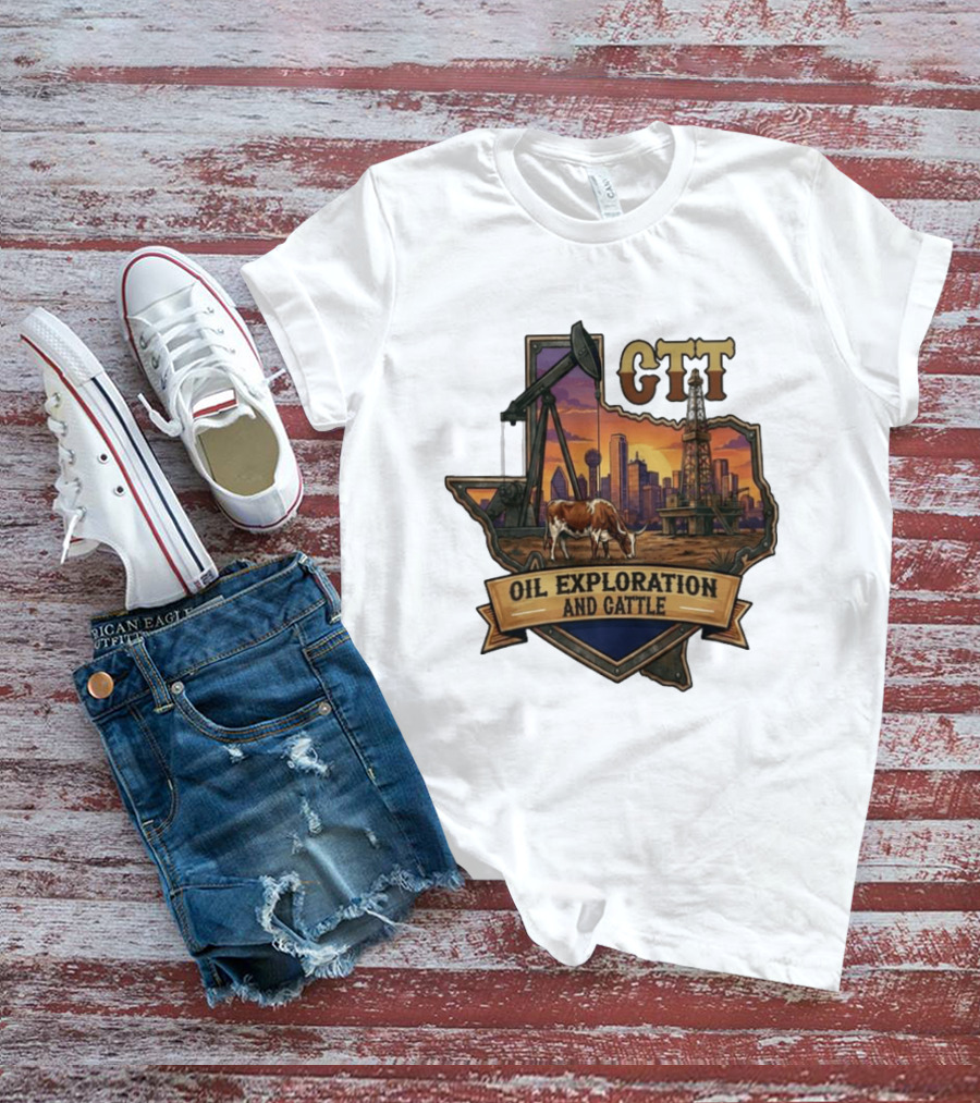 Texas CTT Oil Exploration Cattle Sunset Skyline T-Shirt