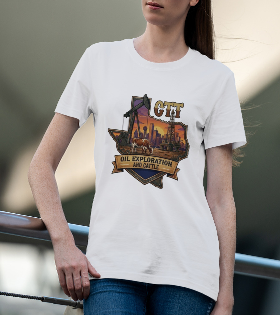 Texas CTT Oil Exploration Cattle Sunset Skyline T-Shirt