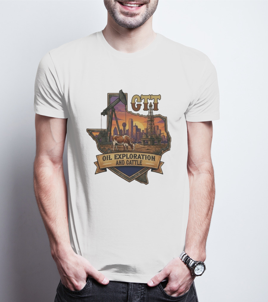 Texas CTT Oil Exploration Cattle Sunset Skyline T-Shirt
