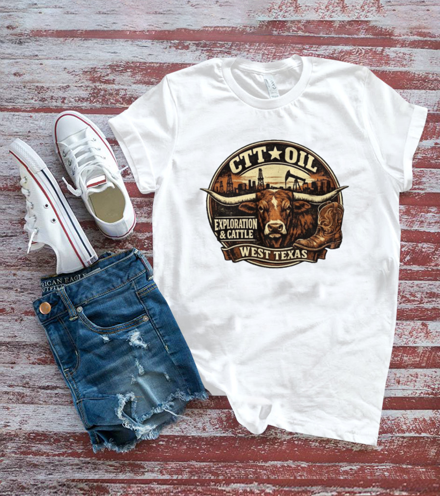 CTT Oil Exploration And Cattle West Texas Longhorn Boot Iconography T-Shirt