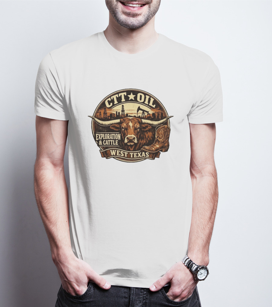 CTT Oil Exploration And Cattle West Texas Longhorn Boot Iconography T-Shirt