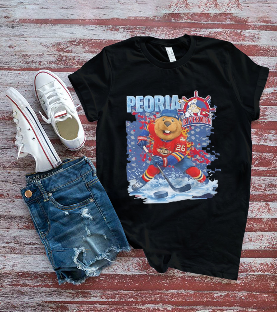 Rocky Peoria Rivermen Hockey Beaver Mascot Skating T-Shirt