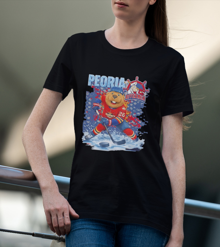Rocky Peoria Rivermen Hockey Beaver Mascot Skating T-Shirt