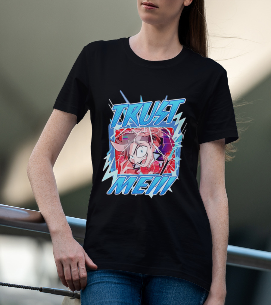 Hazbin Hotel Trust Me Cartoon Expression Blue Lightning T-Shirt