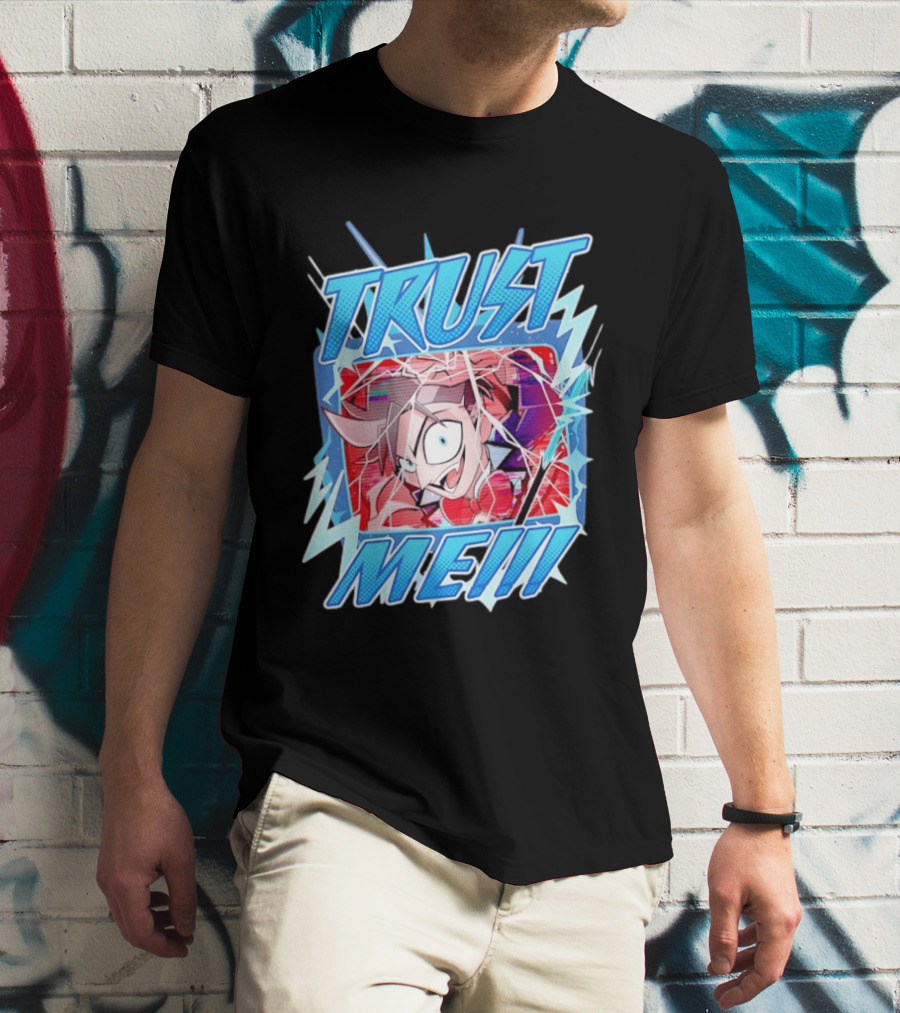 Hazbin Hotel Trust Me Cartoon Expression Blue Lightning T-Shirt