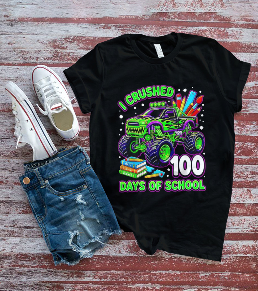 I Crushed 100 Days Of School Monster Truck Math Reading Science Book T-Shirt