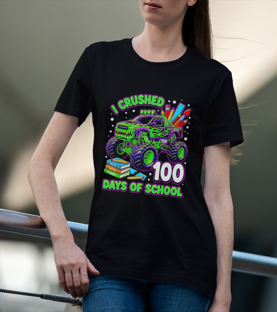 I Crushed 100 Days Of School Monster Truck Math Reading Science Book T-Shirt
