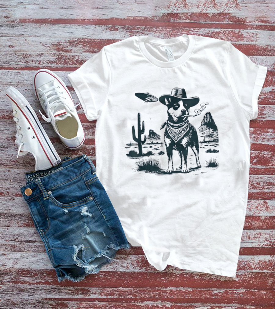 Australian Cattle Dog Smoking With UFO And Western Cowboy Desert Scene T-Shirt