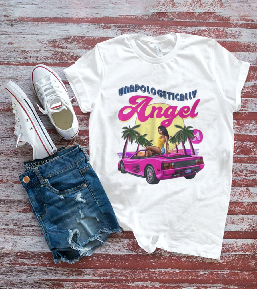 Unapologetically Angel Paradise Sunset With Pink Car And Palm Trees T-Shirt
