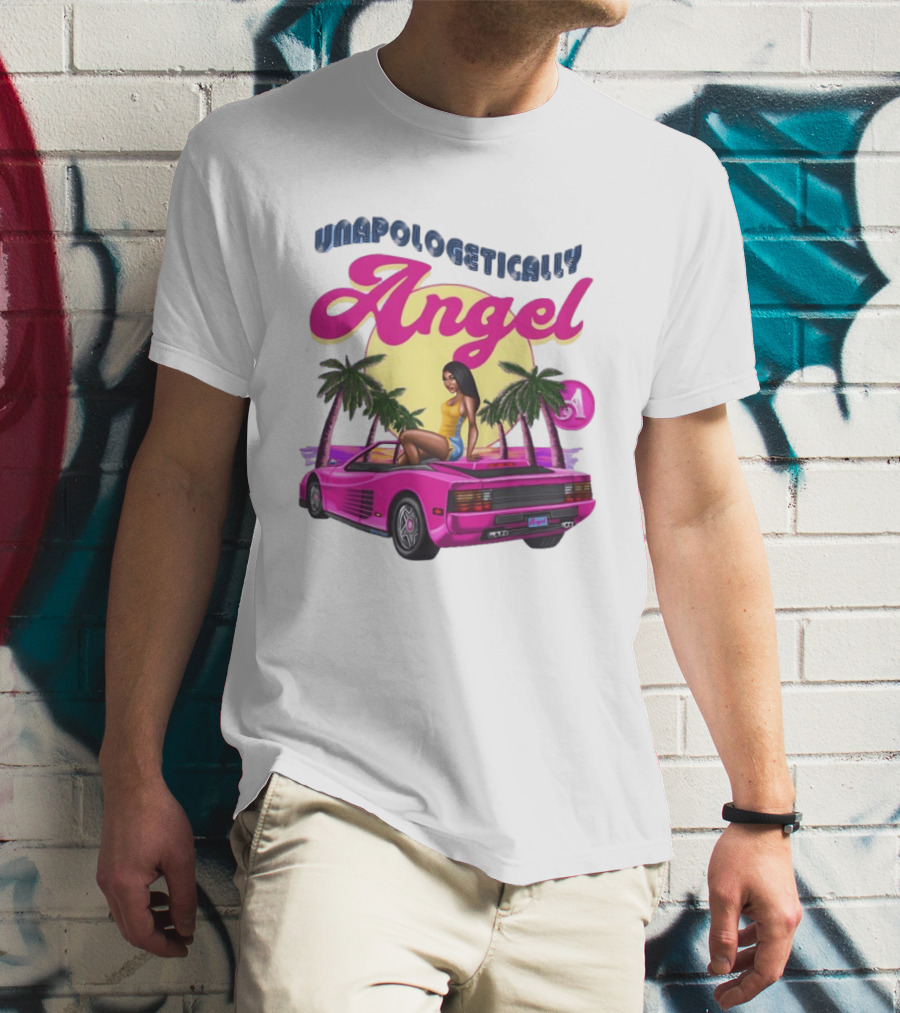 Unapologetically Angel Paradise Sunset With Pink Car And Palm Trees T-Shirt