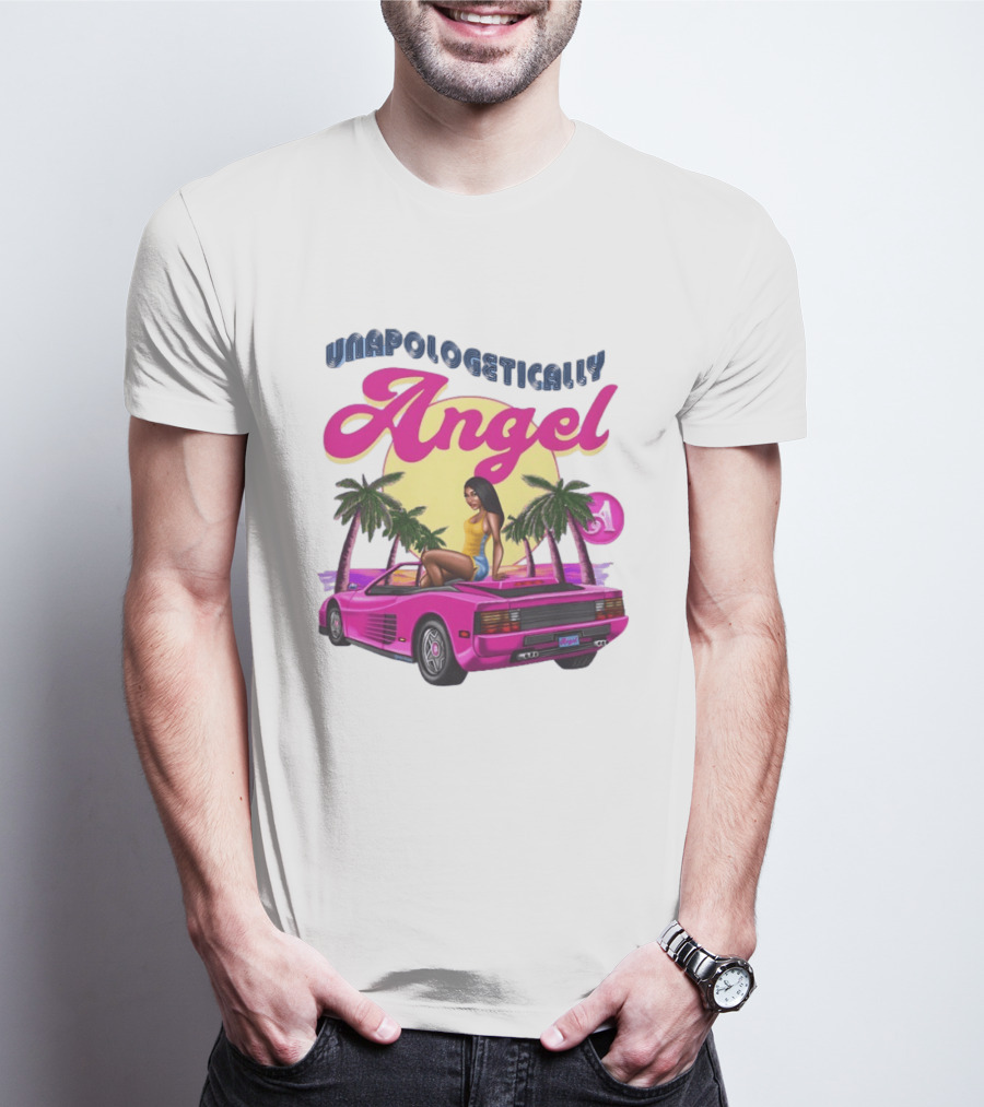 Unapologetically Angel Paradise Sunset With Pink Car And Palm Trees T-Shirt