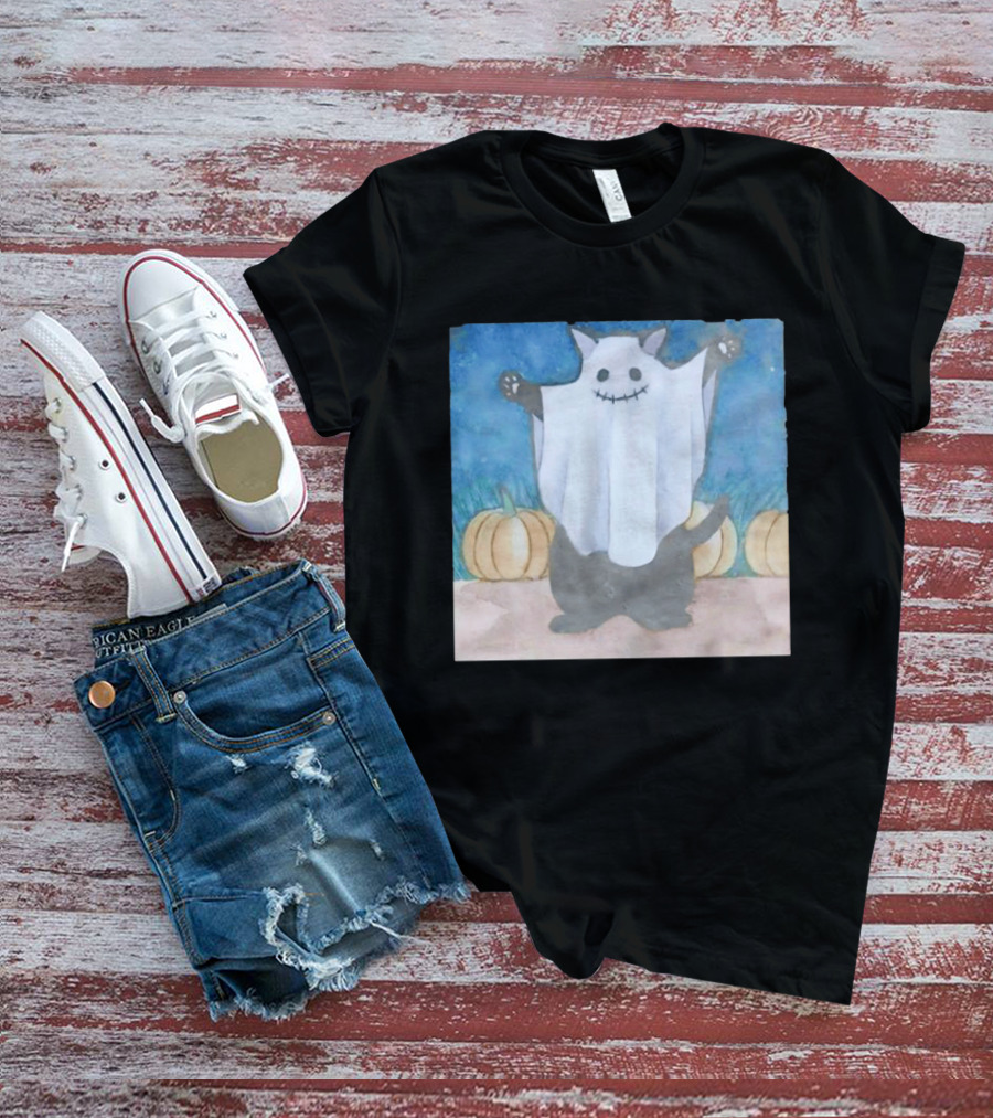 Spooky Black Cat In Ghost Costume With Pumpkins Halloween T-Shirt