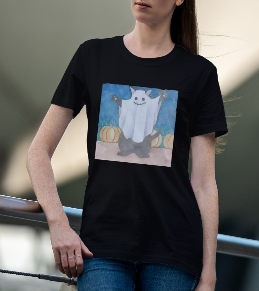 Spooky Black Cat In Ghost Costume With Pumpkins Halloween T-Shirt