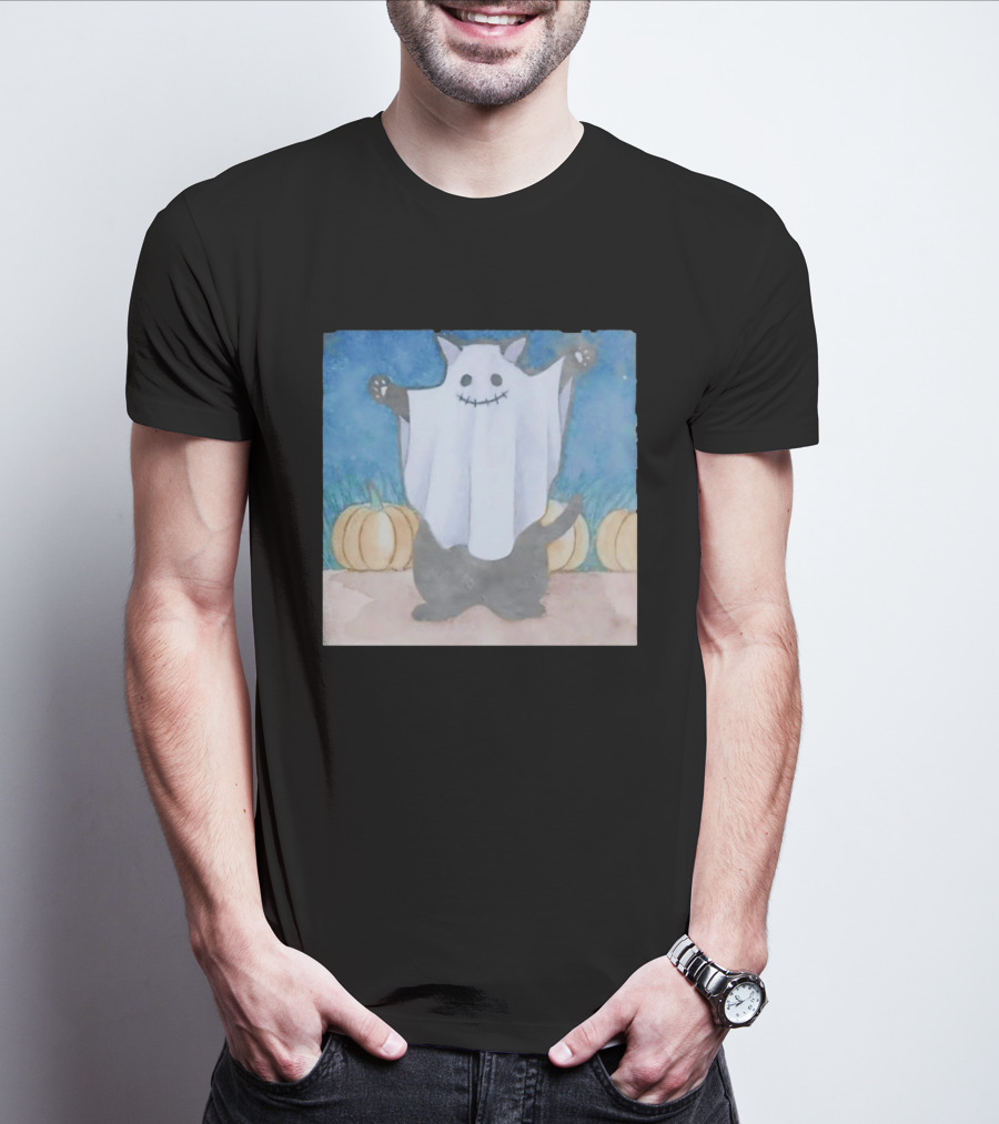 Spooky Black Cat In Ghost Costume With Pumpkins Halloween T-Shirt