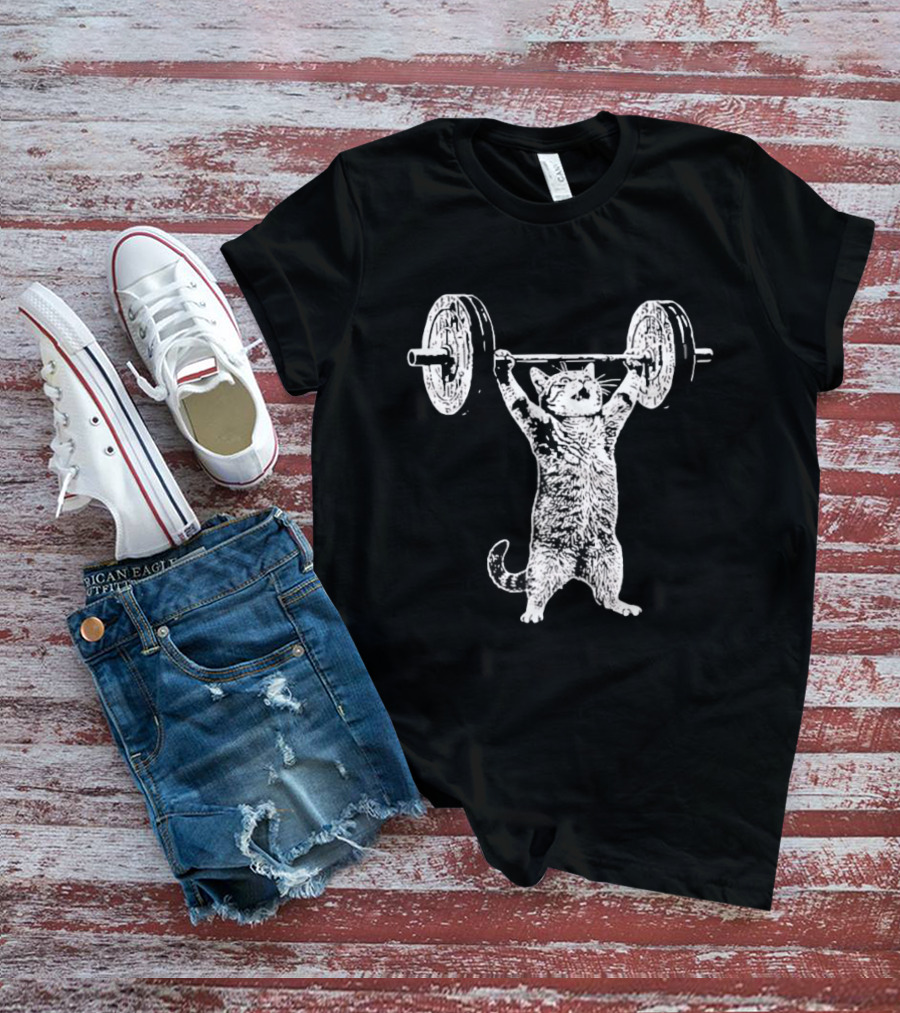 Cat Shoulder Overhead Press Weightlifting Feline Lifting Barbell T-Shirt