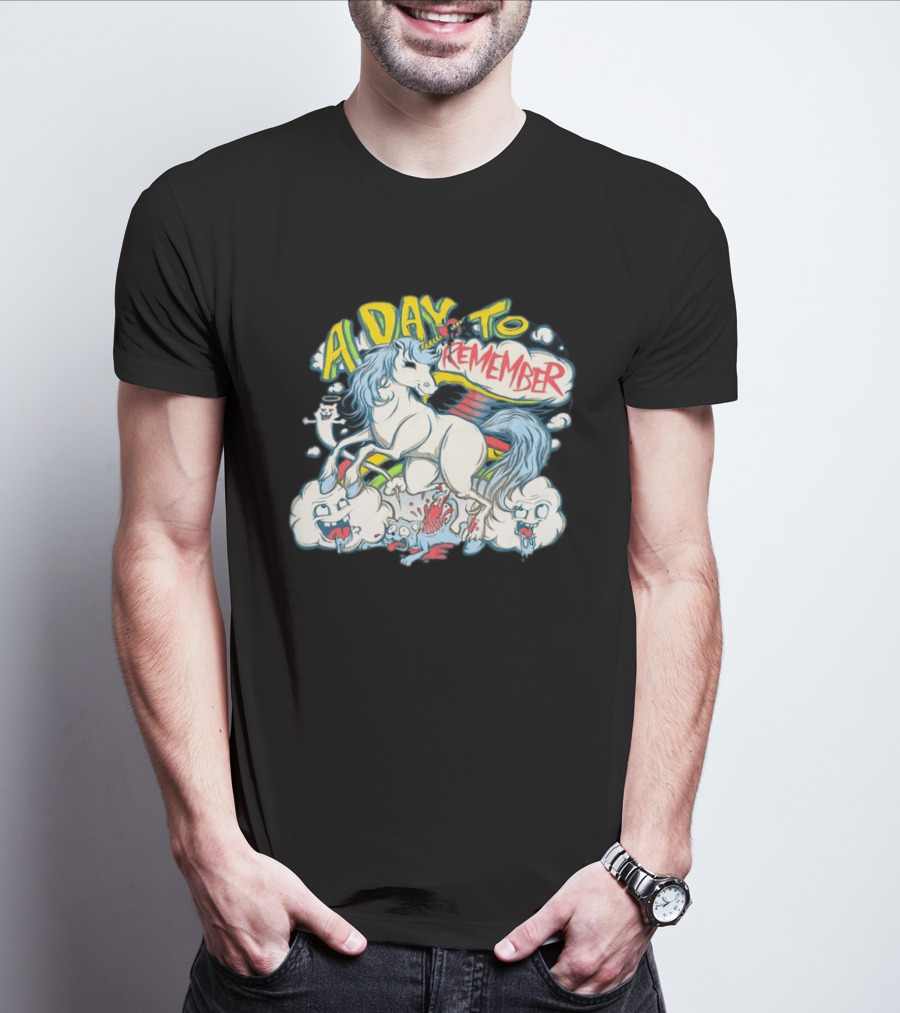 A Day To Remember Unicorn With Colorful Clouds And Characters T-Shirt