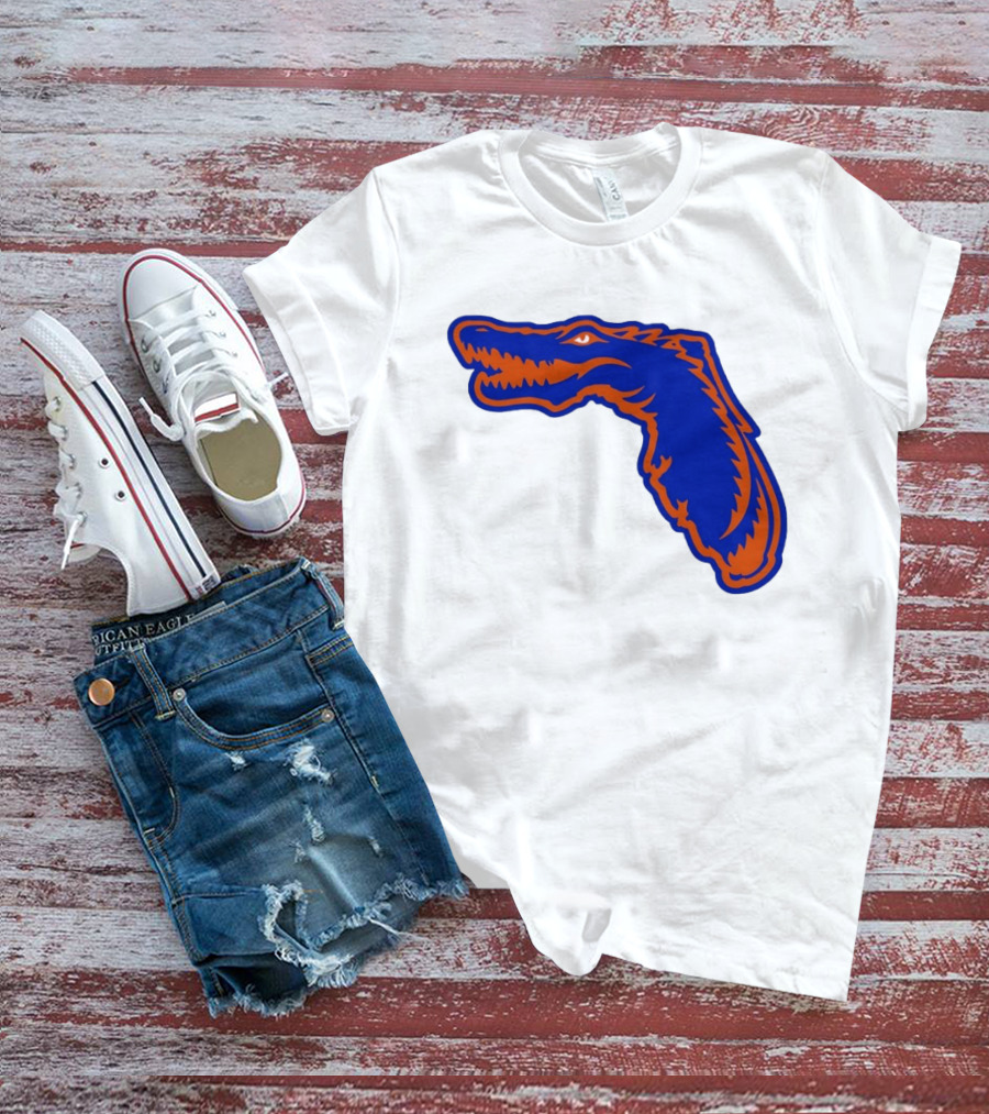 Florida Gators State Shape Blue Orange Gator Map T-Shirt