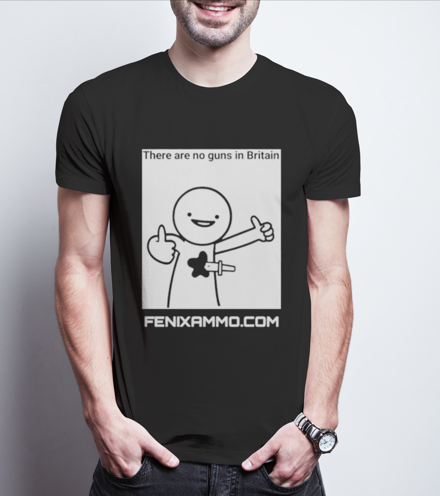 There Are No Guns In Britain Fenixammo Com Happy Character With Gun Hand Gesture T-Shirt
