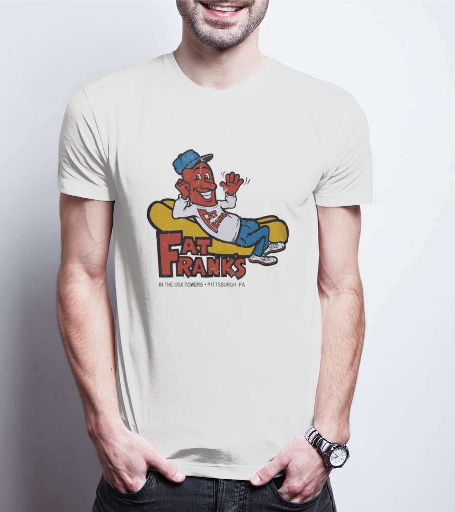 Fat Frank's In The USX Towers Pittsburgh PA Hot Dogs Retro Cartoon T-Shirt