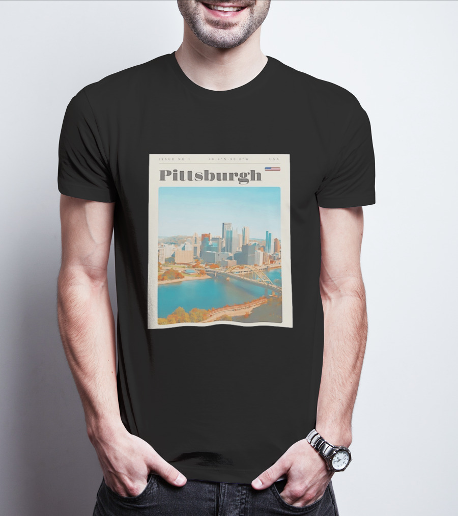Pittsburgh Issue No 1 USA Flag 40.4°N 80.0°W Skyline T-Shirt