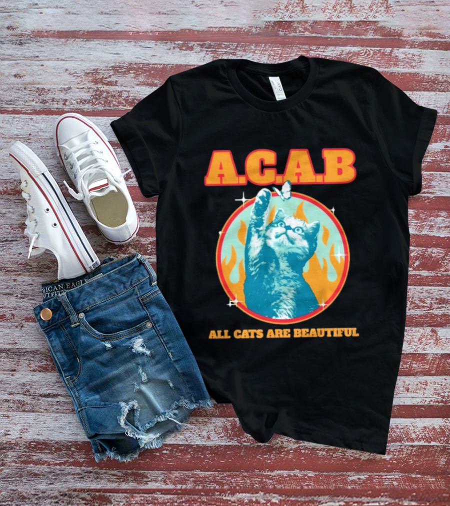 A.C.A.B Cat With Butterfly And Flames T-Shirt