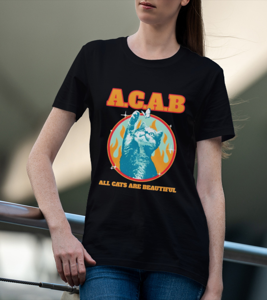A.C.A.B Cat With Butterfly And Flames T-Shirt