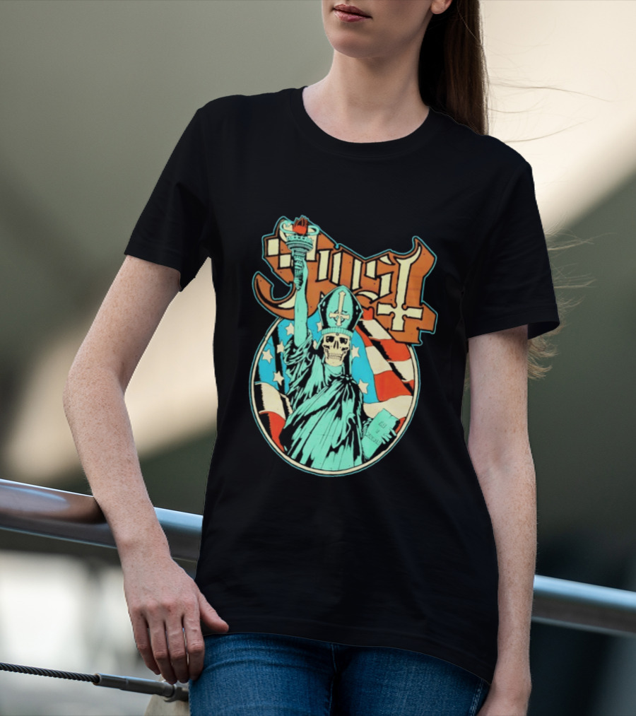 Ghost Statue Of Liberty Skeleton Torch Metal Band T-Shirt