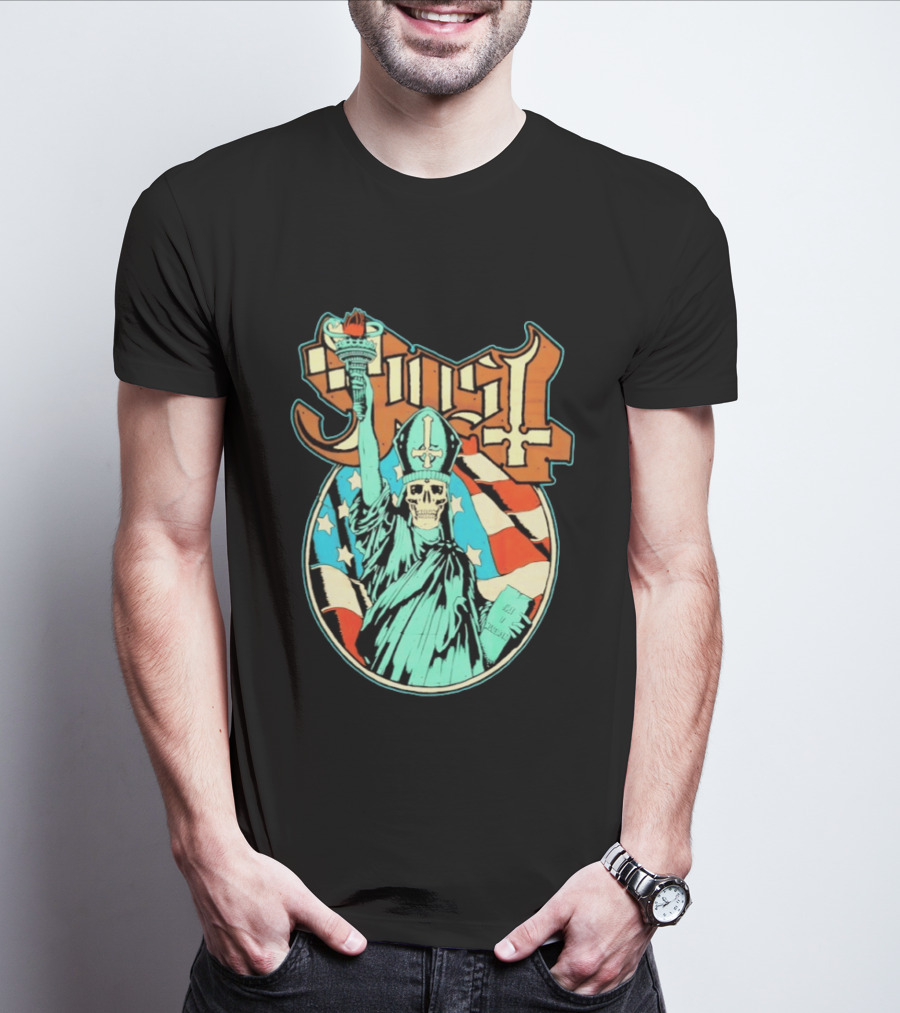 Ghost Statue Of Liberty Skeleton Torch Metal Band T-Shirt