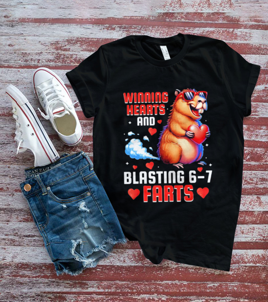 Winning Hearts And Blasting 6 7 Farts Capybara Valentine's Day T-Shirt