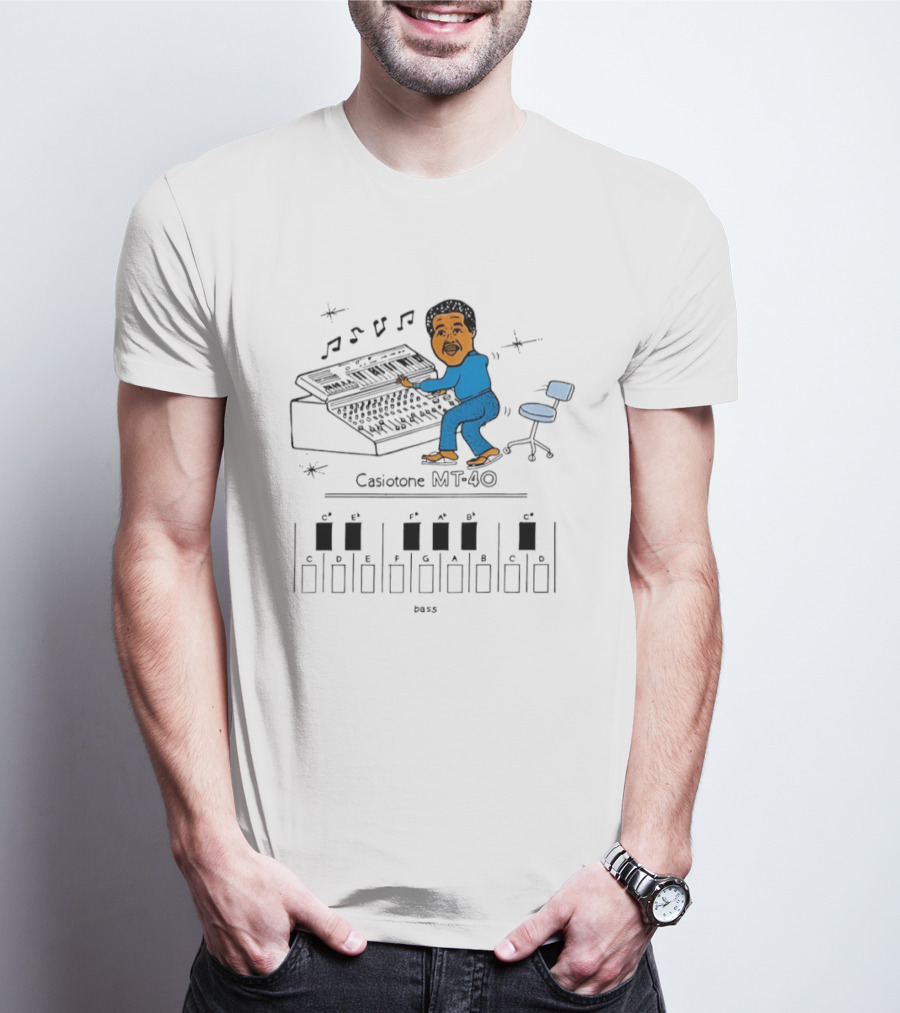 Casiotone MT 40 Vintage Cartoon Musician With Keyboard Notes And Rhythm T-Shirt