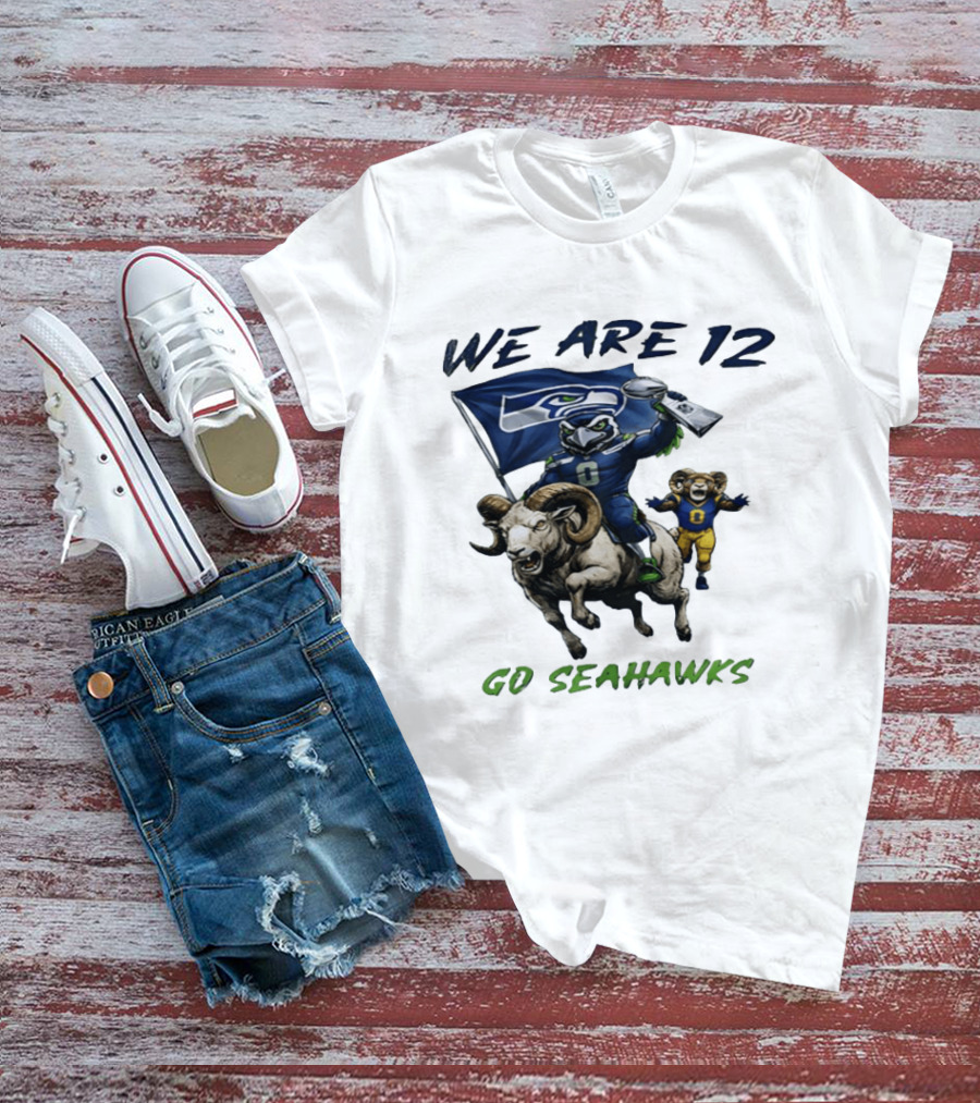 We Are 12 Go Seahawks Riding Goat With Seahawks Flag T-Shirt