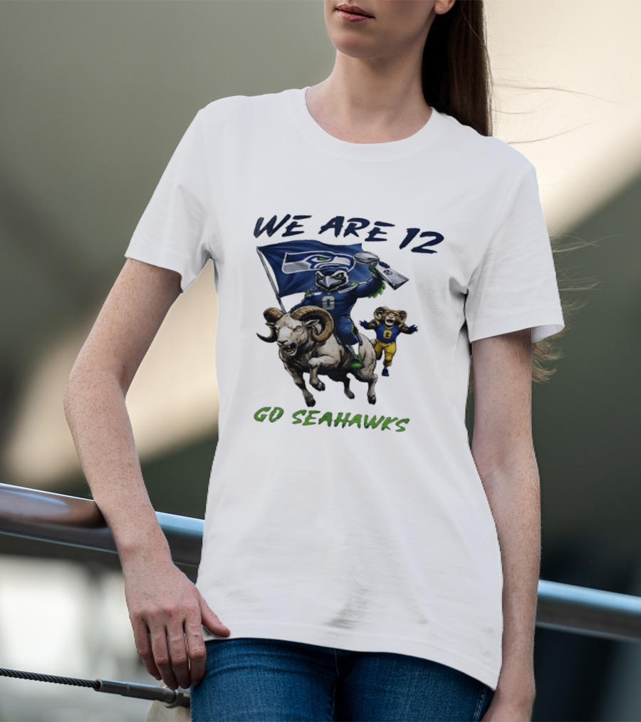 We Are 12 Go Seahawks Riding Goat With Seahawks Flag T-Shirt