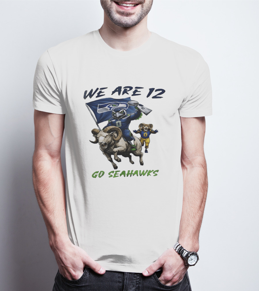 We Are 12 Go Seahawks Riding Goat With Seahawks Flag T-Shirt
