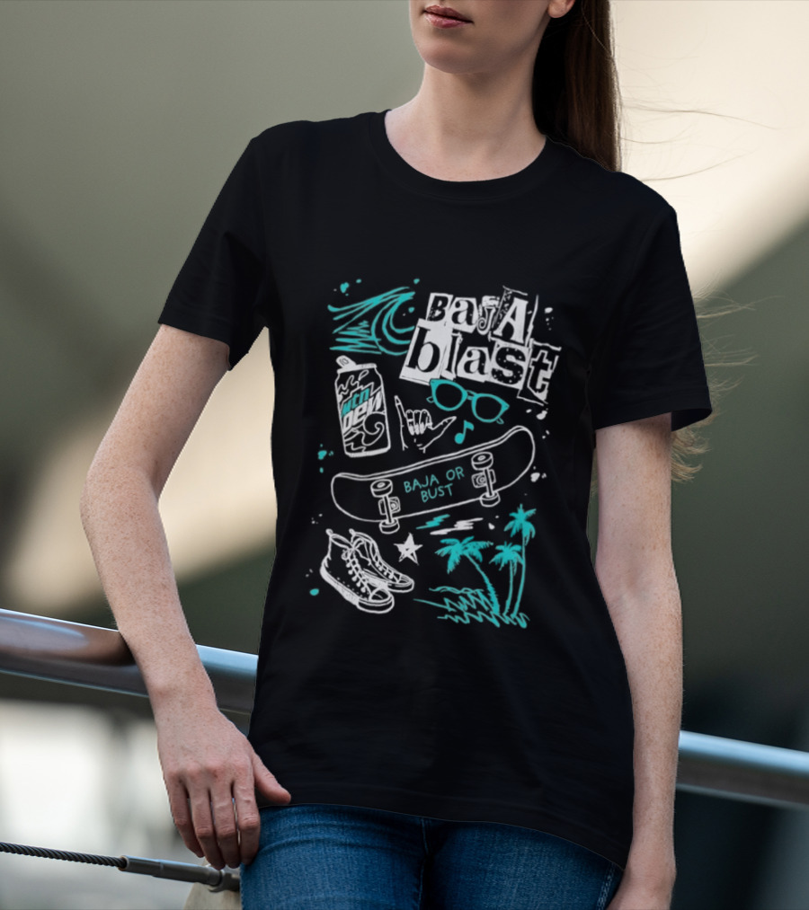 Mountain Dew Baja Blast Skateboard Surf Vibes Ocean Palms Adventure T-Shirt