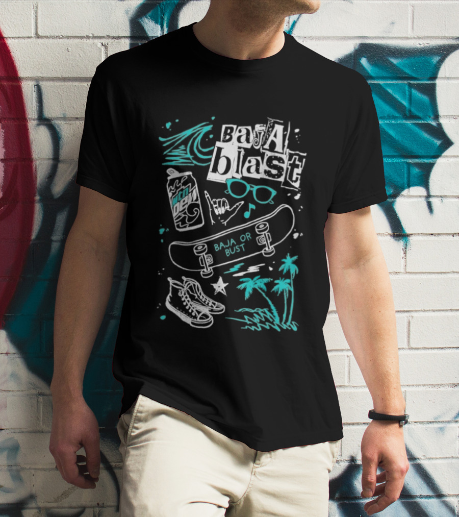 Mountain Dew Baja Blast Skateboard Surf Vibes Ocean Palms Adventure T-Shirt