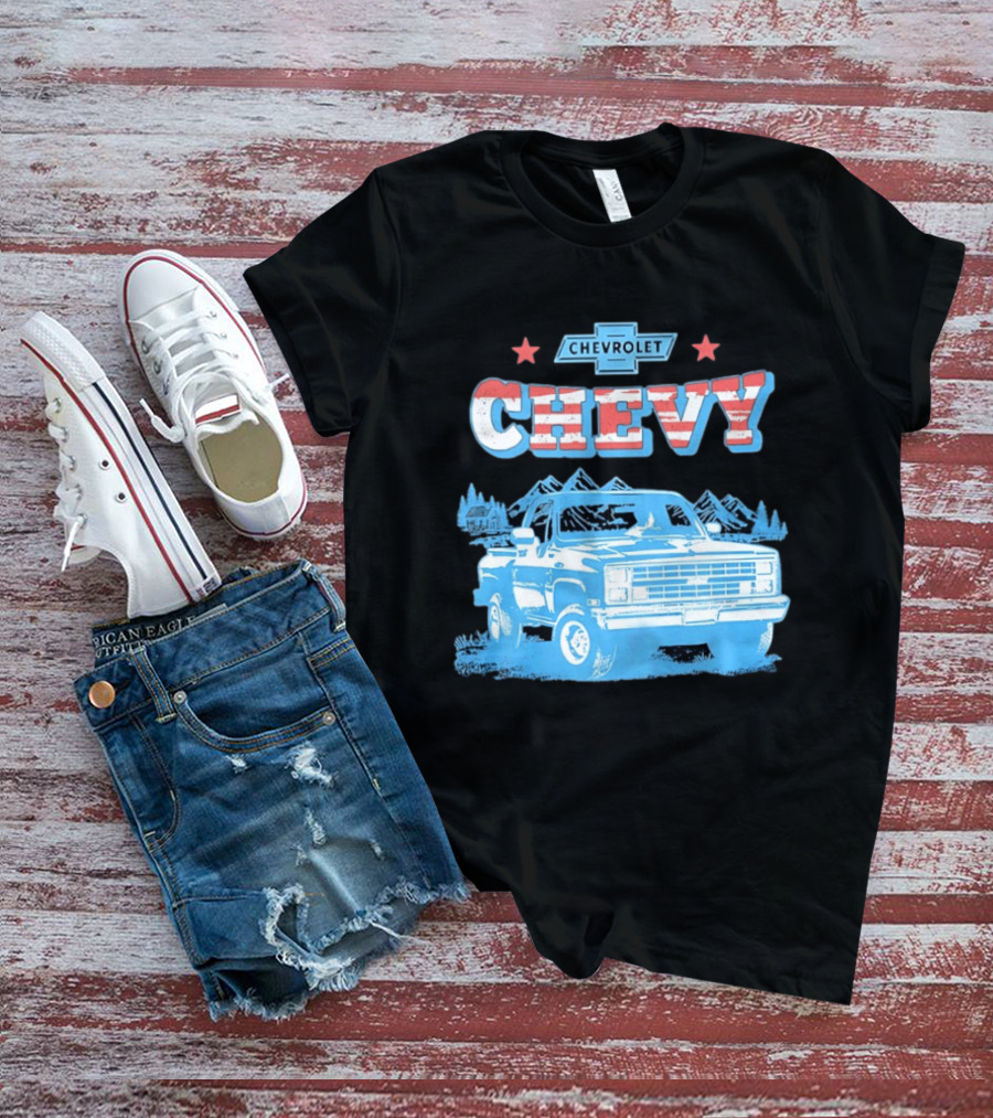 Chevy Chevrolet Truck Vintage Stars And Stripes Retro Mountain Scene T-Shirt