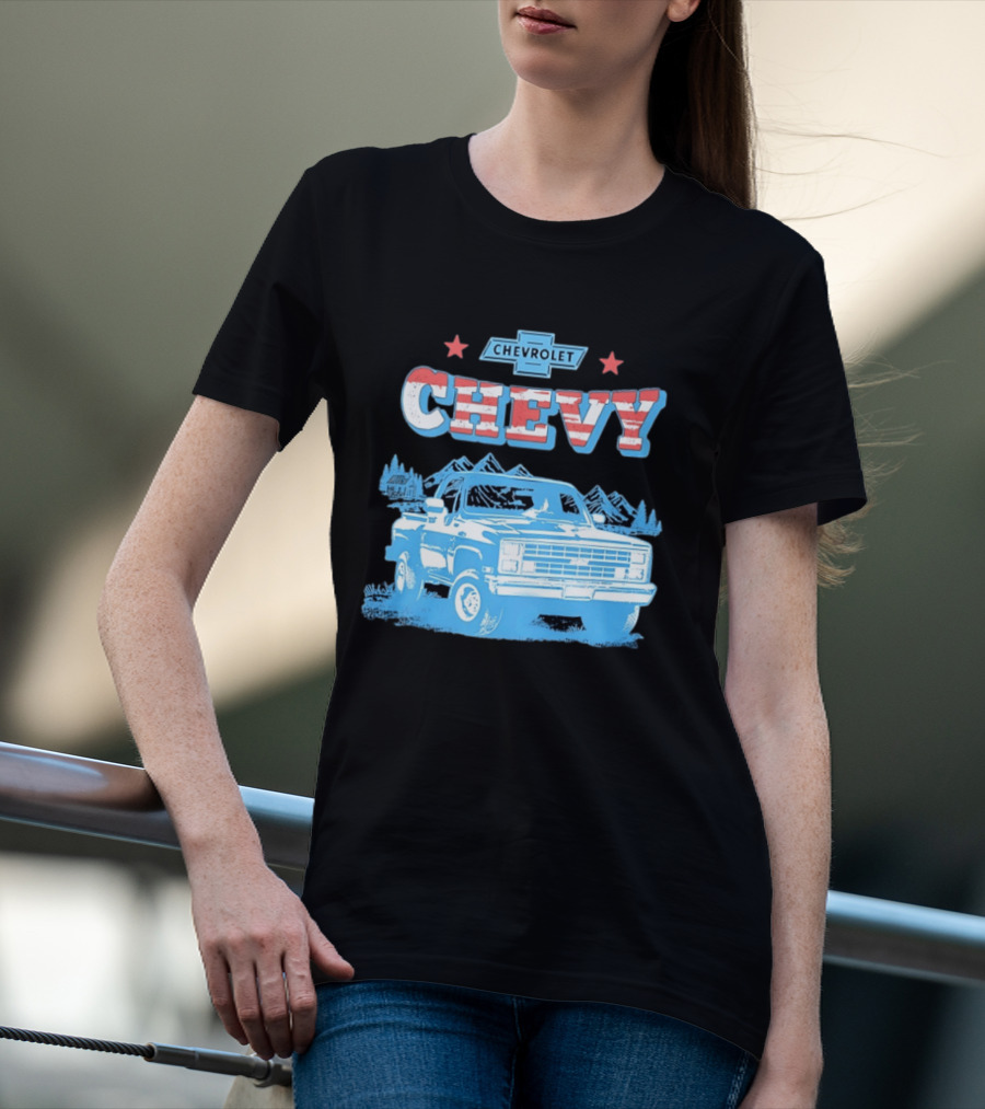 Chevy Chevrolet Truck Vintage Stars And Stripes Retro Mountain Scene T-Shirt