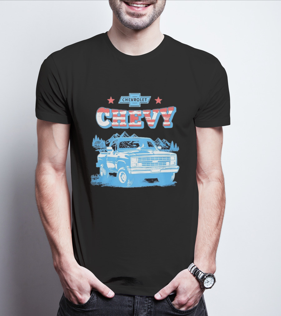 Chevy Chevrolet Truck Vintage Stars And Stripes Retro Mountain Scene T-Shirt