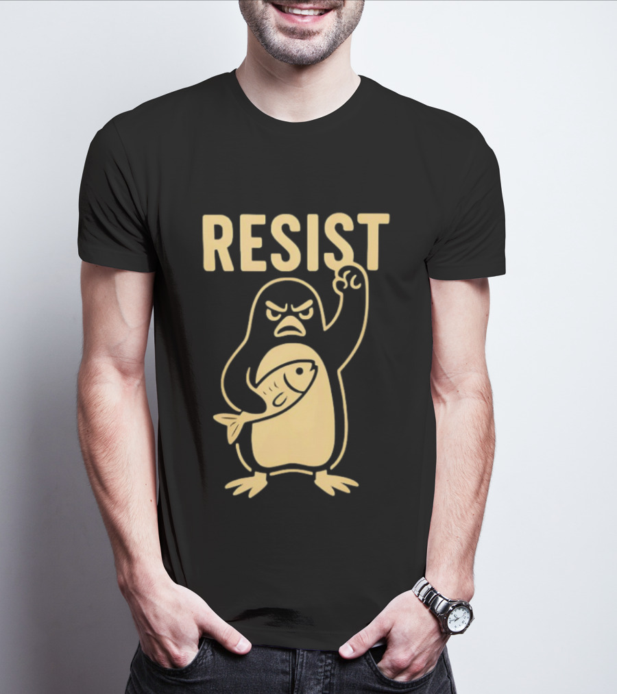 RESIST Angry Penguin Holding Fish T-Shirt